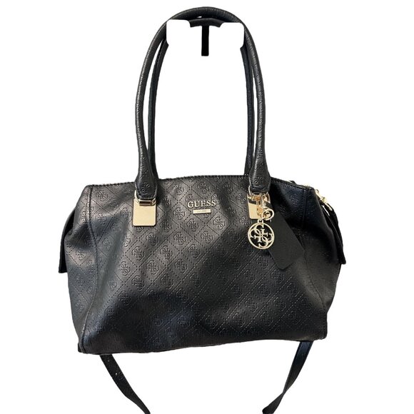 Guess Black Embossed Logo Handbag With Gold Hardware & Adjustable Strap - Picture 10 of 12